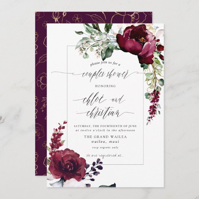 Sublime Burgundy Blush Watercolor Couples Shower Invitation (Front/Back)