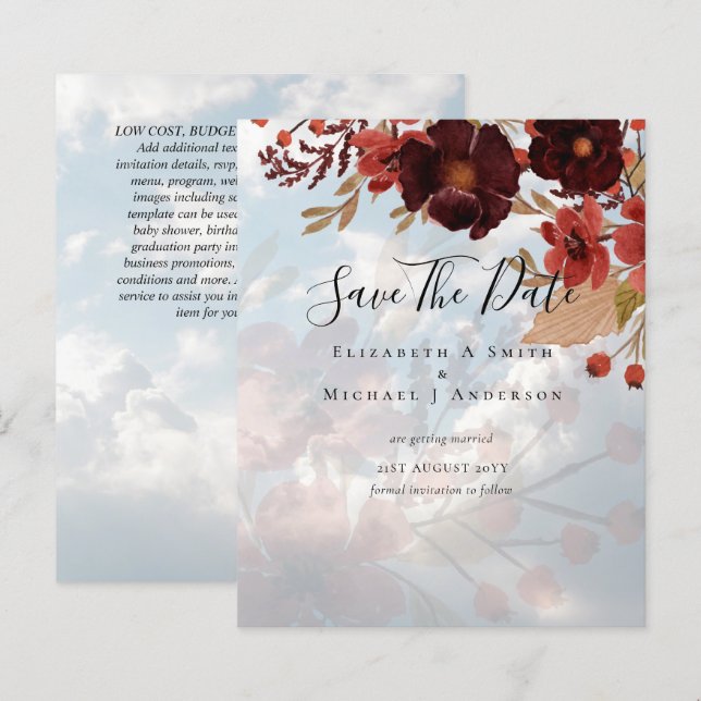 Sublime Burgundy Floral Wedding SAVE DATES Budget (Front/Back)