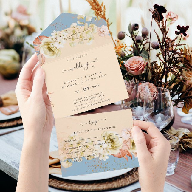 Sublime Dusty Blue Peach Wedding All In One Invitation (Creator Uploaded)