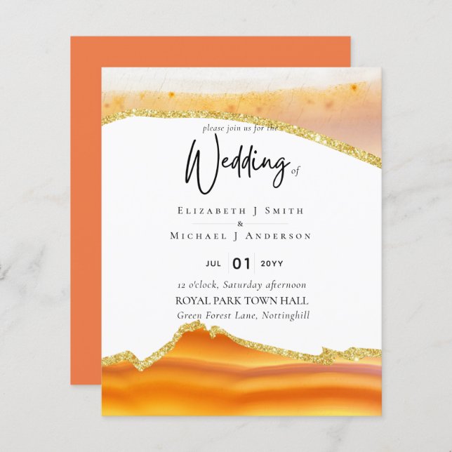 Sublime Orange Gold Agate Wedding INVITES BUDGET (Front/Back)