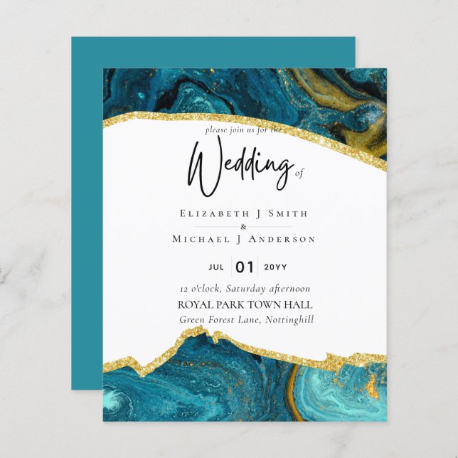 Sublime TEAL GOLD Agate Style Wedding Invitations (Front/Back)