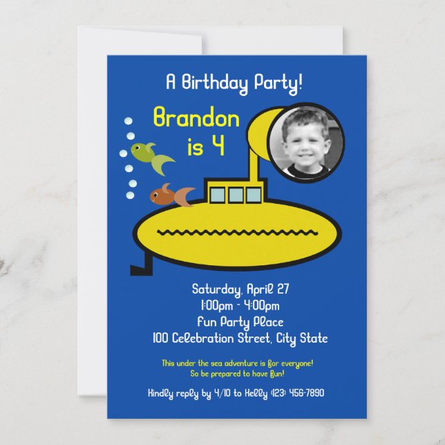 Submarine Birthday Party with Photo Invitation (Front)