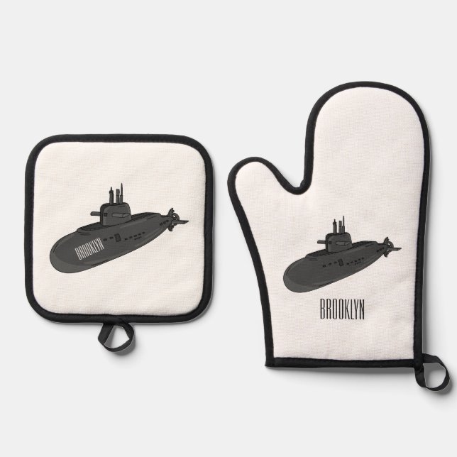 Submarine cartoon illustration oven mitt & pot holder set (Front)