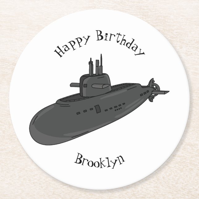 Submarine cartoon illustration round paper coaster (Front)