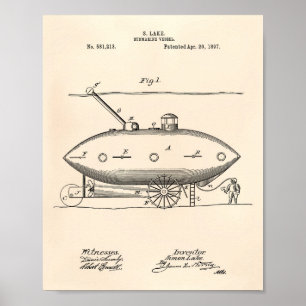 Submarine Vessel 1897 Patent Art Old Peper Poster