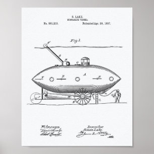 Submarine Vessel 1897 Patent Art White Paper Poster