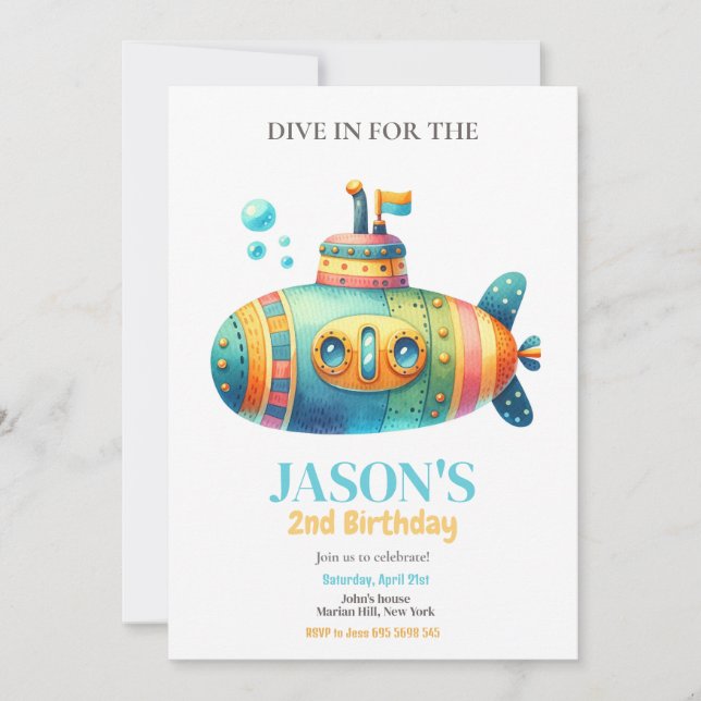 Submarine Watercolor Kids Birthday Party Invitation (Front)