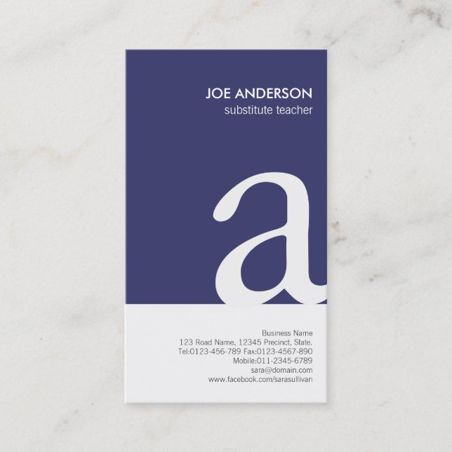 Substitute Teacher Bold Monogram Business Card (Front)
