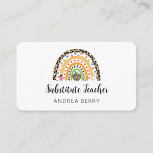 Substitute Teacher Rainbow Leopard Print Business Card