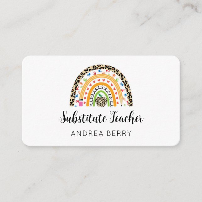 Substitute Teacher Rainbow Leopard Print Business Card (Front)