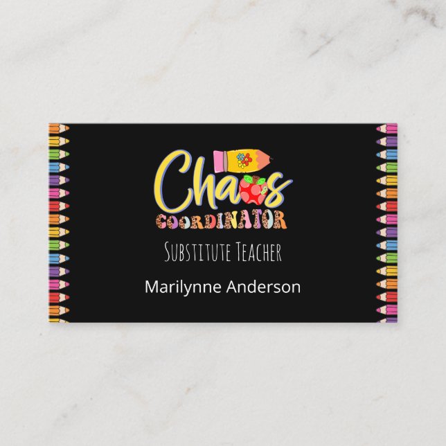 Substitute Teacher Rainbow Pencils Business Card (Front)