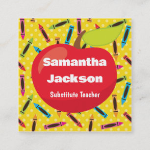 Substitute Teacher Red Apple Colourful Crayons Square Business Card