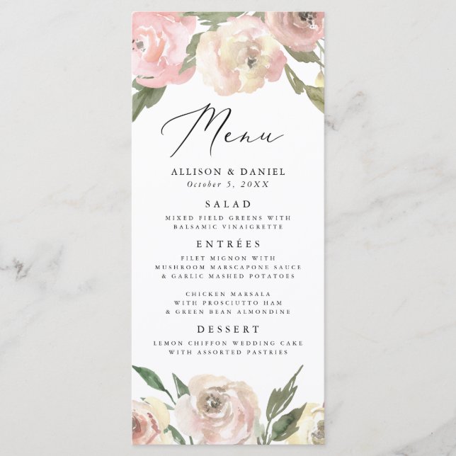 Subtle Blooms | Floral Wedding Menu Card (Front)