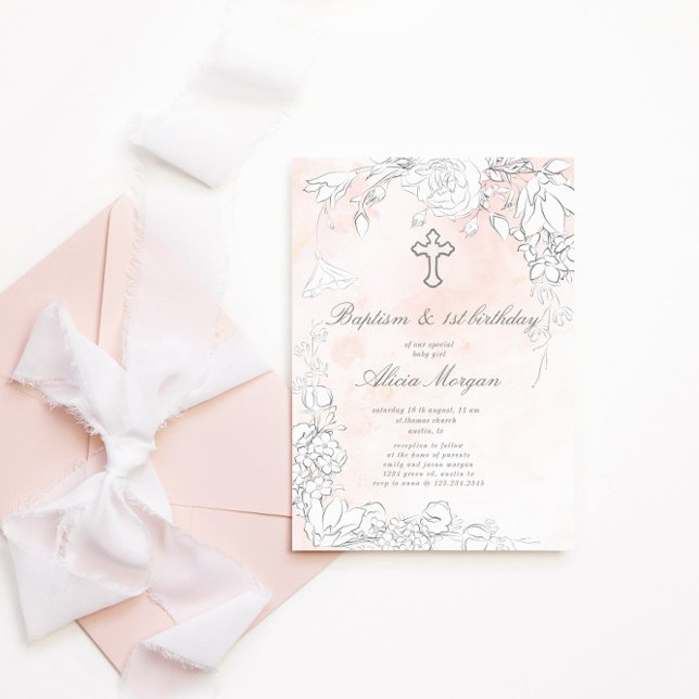 Subtle Blush Floral Baptism And First Birthday Invitation (Creator Uploaded)