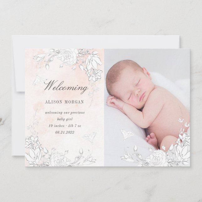 subtle blush floral birth announcement card (Front)