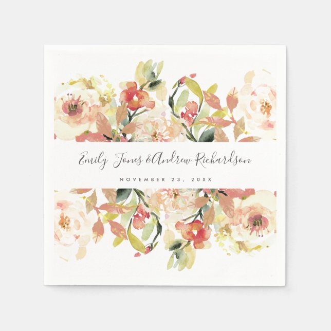 SUBTLE BLUSH PEACH PINK WATERCOLOR FLORAL WEDDING NAPKIN (Front)