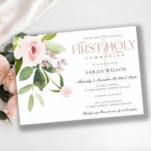 SUBTLE  BLUSH PINK ROSE FLORA FIRST HOLY COMMUNION INVITATION