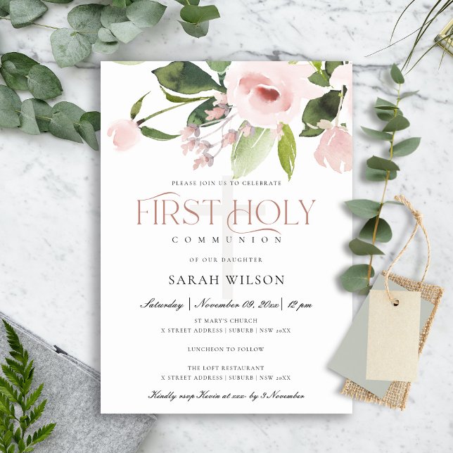 SUBTLE  BLUSH PINK ROSE FLORA FIRST HOLY COMMUNION INVITATION (Creator Uploaded)