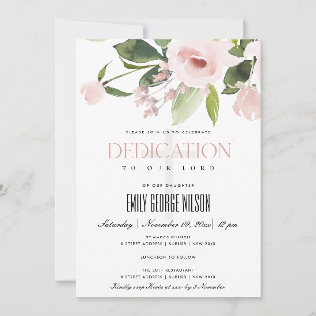 SUBTLE  BLUSH PINK ROSE FLORAL BABY DEDICATION  INVITATION (Front)