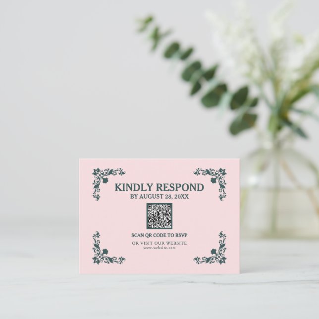 Subtle Blush & Slate Grey Islamic QR RSVP Card (Standing Front)