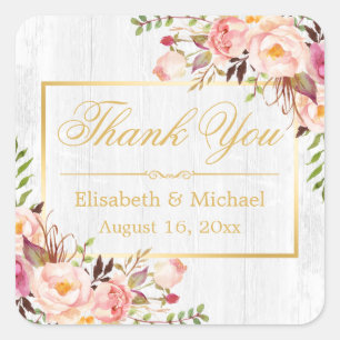 Subtle Chic Wood Grain Floral Gold Frame Thank You Square Sticker