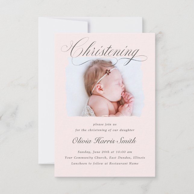 Subtle Cross Dusty Pink Script Christening Photo I Invitation (Front)