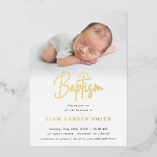 Subtle Cross One Photo Baptism Gold  Foil Invitati