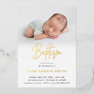 Subtle Cross One Photo Baptism Gold  Foil Invitati