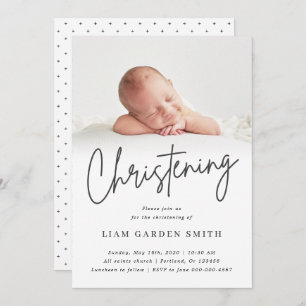 Subtle Cross Script Handwritten Christening Photo Invitation