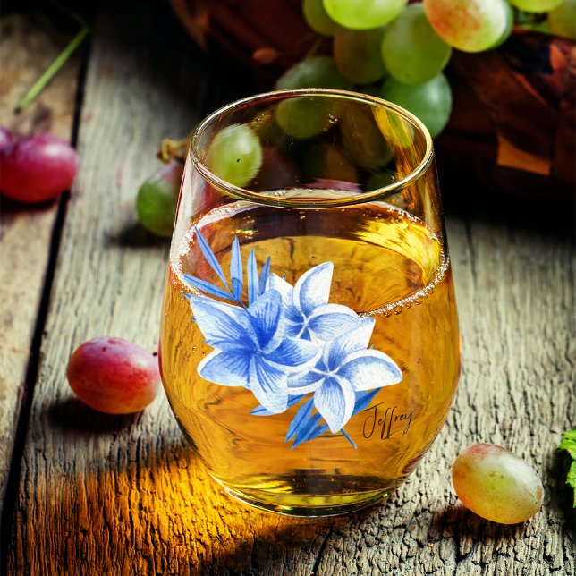 Subtle Elegant Name, Cobalt Tropical Frangipanis Stemless Wine Glass (Creator Uploaded)