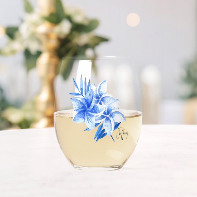 Subtle Elegant Name, Cobalt Tropical Frangipanis Stemless Wine Glass (Insitu (Wedding))