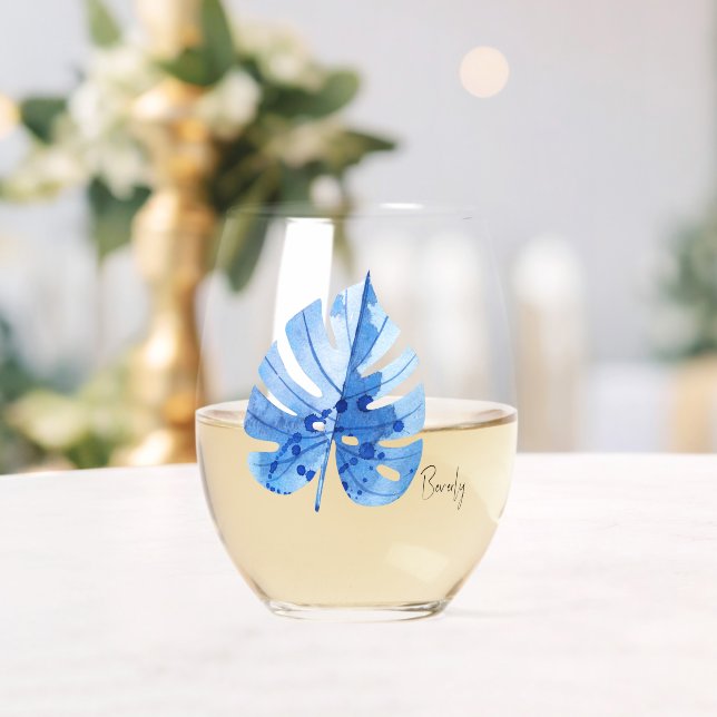 Subtle Elegant Name, Cobalt Tropical Monstera Leaf Stemless Wine Glass (Insitu (Wedding))
