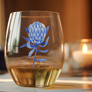 Subtle Elegant Name on Cobalt Protea Flower Stemless Wine Glass