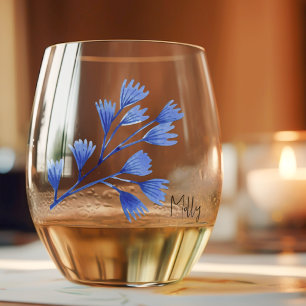 Subtle Elegant Name on Cobalt Tropical Leaf Stemless Wine Glass