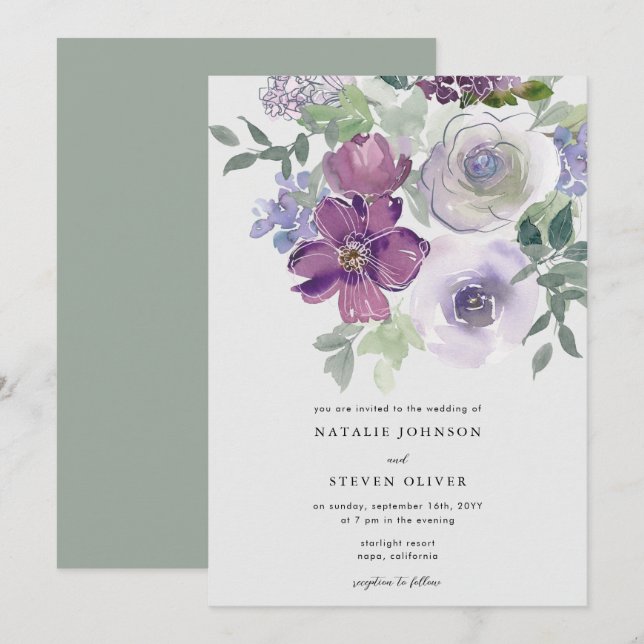 Subtle Elegant Watercolor Floral Wedding  Invitation (Front/Back)