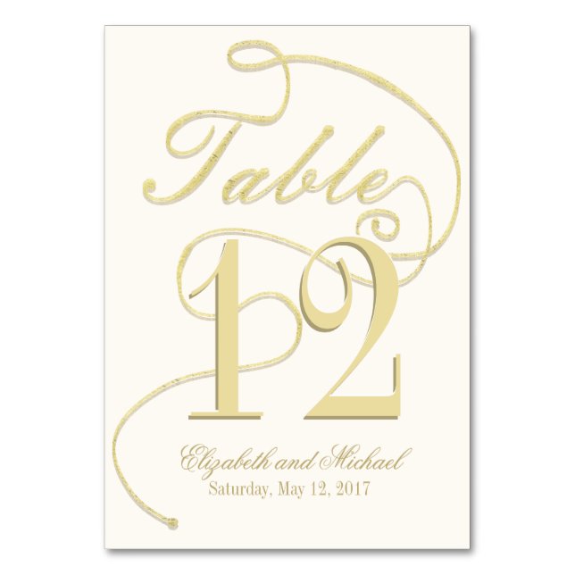 Subtle Gold Calligraphy Glitter Table Number (Front)