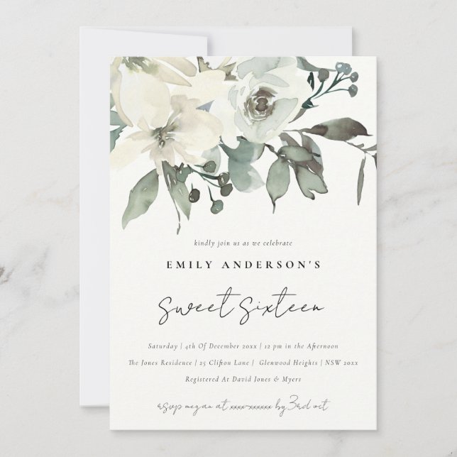 SUBTLE IVORY WHITE FLORAL BUNCH SWEET 16 BIRTHDAY INVITATION (Front)
