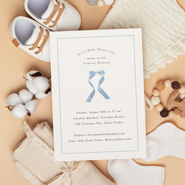 Subtle Light Blue Bow Classic Boy Baby Shower Invitation (Creator Uploaded)