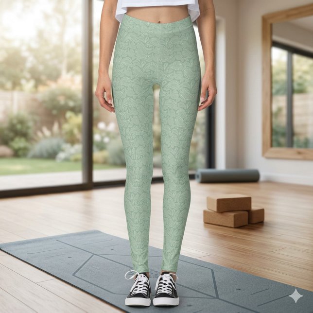 Subtle Paisley Sage Green White Spring Colors Leggings (Creator Uploaded)