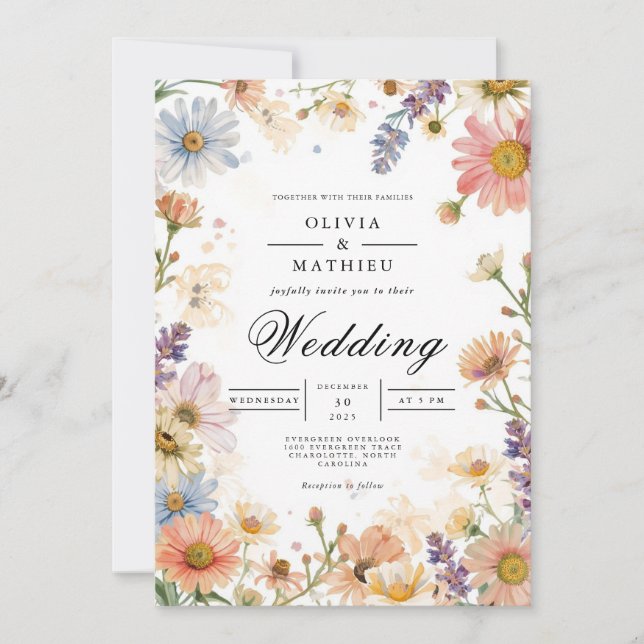 Subtle Pastel Floral Meadow Wedding Invitation (Front)