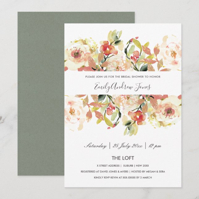 SUBTLE PEACH PINK WATERCOLOR FLORAL BRIDAL SHOWER INVITATION (Front/Back)