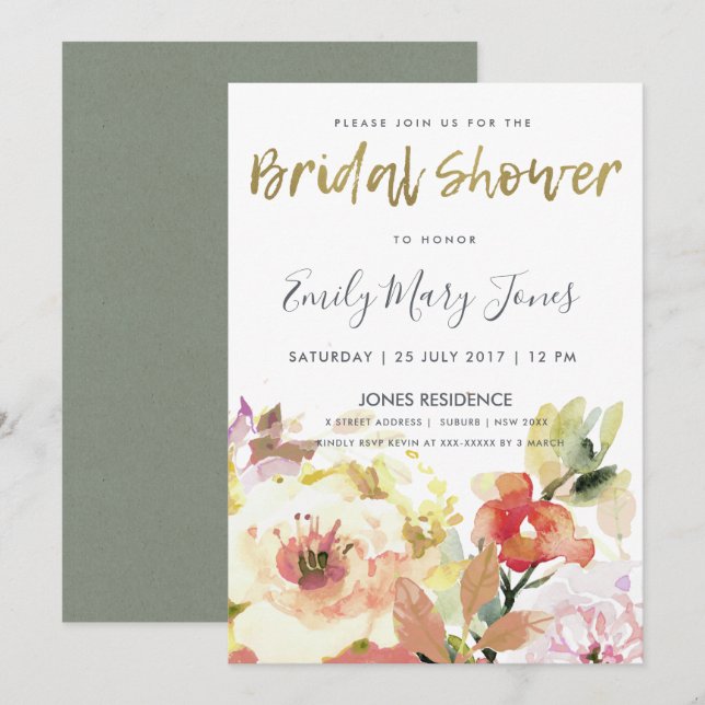 SUBTLE PEACH PINK WATERCOLOR FLORAL  BRIDAL SHOWER INVITATION (Front/Back)