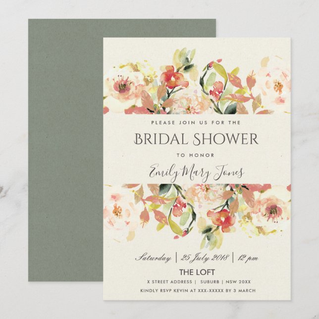 SUBTLE PEACH PINK WATERCOLOR FLORAL BRIDAL SHOWER INVITATION (Front/Back)