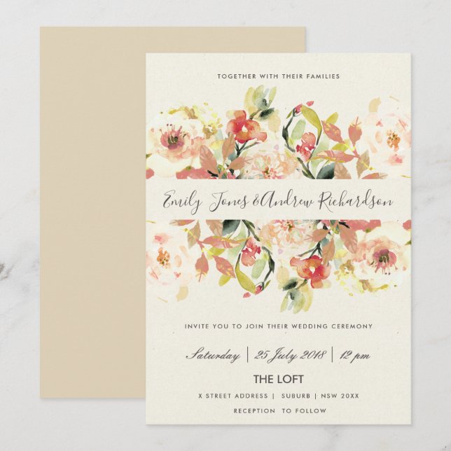 SUBTLE PEACH PINK WATERCOLOR FLORAL WEDDING INVITATION (Front/Back)
