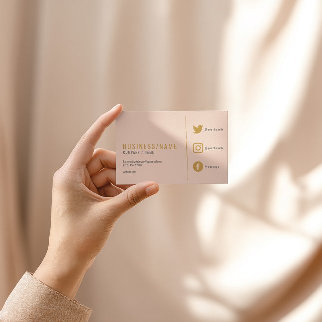 Subtle pink social media business card. business c business card (Soft pink business card with bold gold text and social media icons)