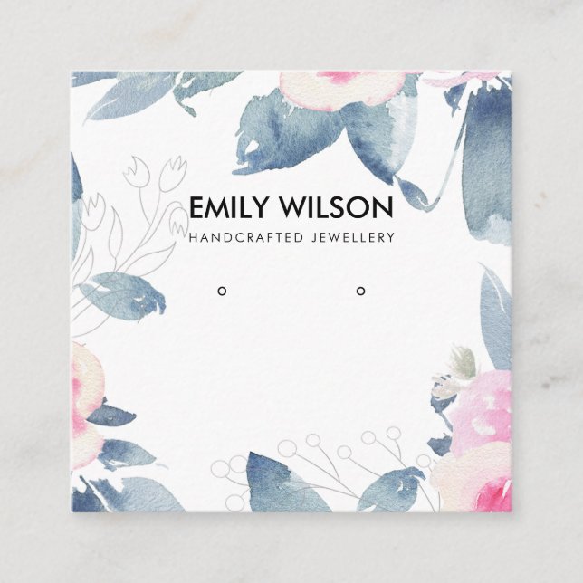 SUBTLE SOFT BLUSH BLUE FLORAL EARRING DISPLAY LOGO SQUARE BUSINESS CARD (Front)