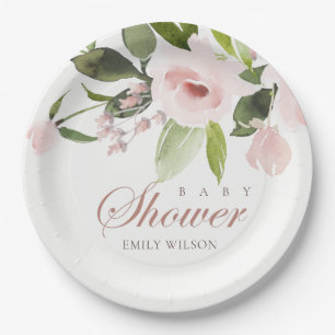 SUBTLE SOFT BLUSH PINK ROSE FLORAL BABY SHOWER PAPER PLATE