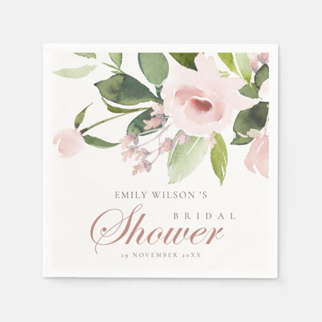 SUBTLE SOFT BLUSH PINK ROSE FLORAL BRIDAL SHOWER NAPKIN (Front)