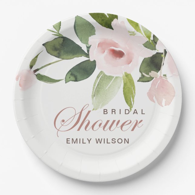 SUBTLE SOFT BLUSH PINK ROSE FLORAL BRIDAL SHOWER PAPER PLATE (Front)