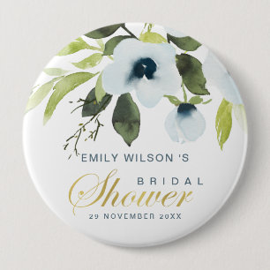 SUBTLE SOFT DUSTY BLUE PEONY FLORAL BRIDAL SHOWER 10 CM ROUND BADGE